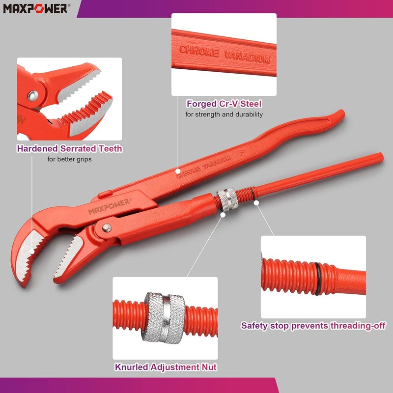 Max Power 12 inch Swedish Pipe Wrench, 45 Degree Angled Jaw - Image 4
